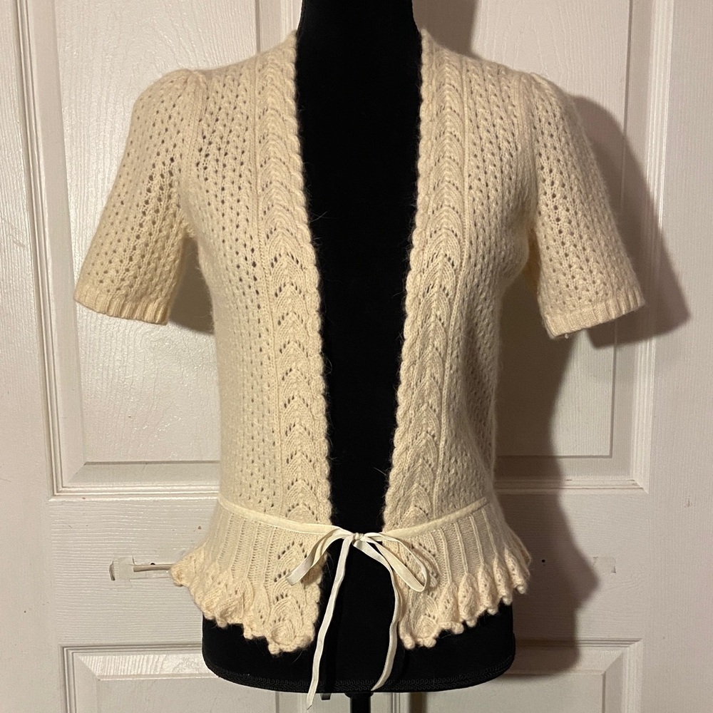 LOFT Cream Wool Blend Short-Sleeve Lace Knit Tie-Waist XS Cardigan VTG